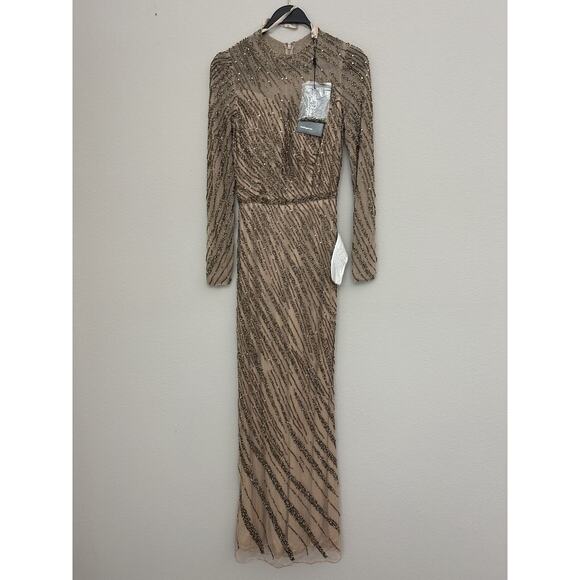 New Mac Duggal Mocha Long Sleeve Sheer Overlay Sequined 5240 Dress Size 2 - Picture 1 of 13